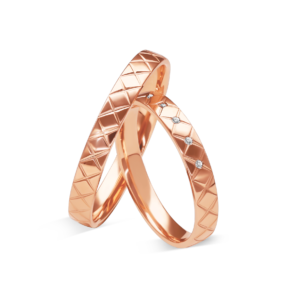 Obrączki ślubne z różowego złota ze wzorem i kamieniami
