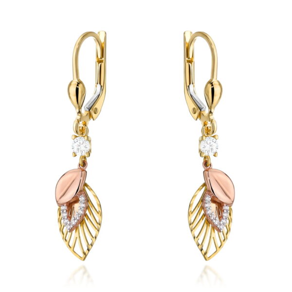 Kolczyki złote listki zdobione cyrkoniami w trzech kolorach złota