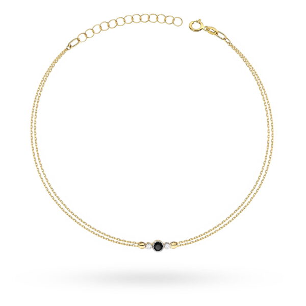 Bransoletka z żółtego złota 585 z czarnym diamentem 0.12ct, podwójny łańcuszek – elegancka biżuteria