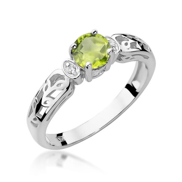 Pierścionek z oliwinem 0.60 ct i diamentami w białym złocie 585