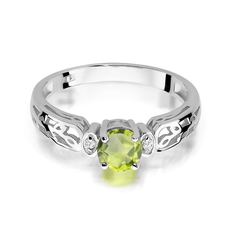 Pierścionek z oliwinem 0.60 ct i diamentami w białym złocie 585