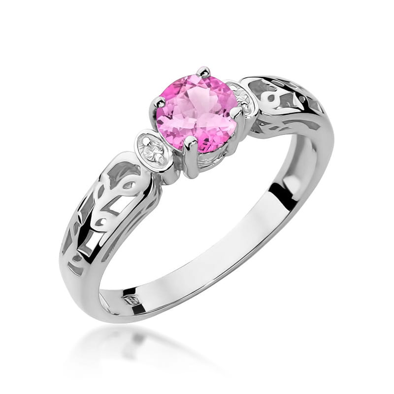 Pierścionek z topazem różowym 0.60 ct i diamentami w białym złocie 585