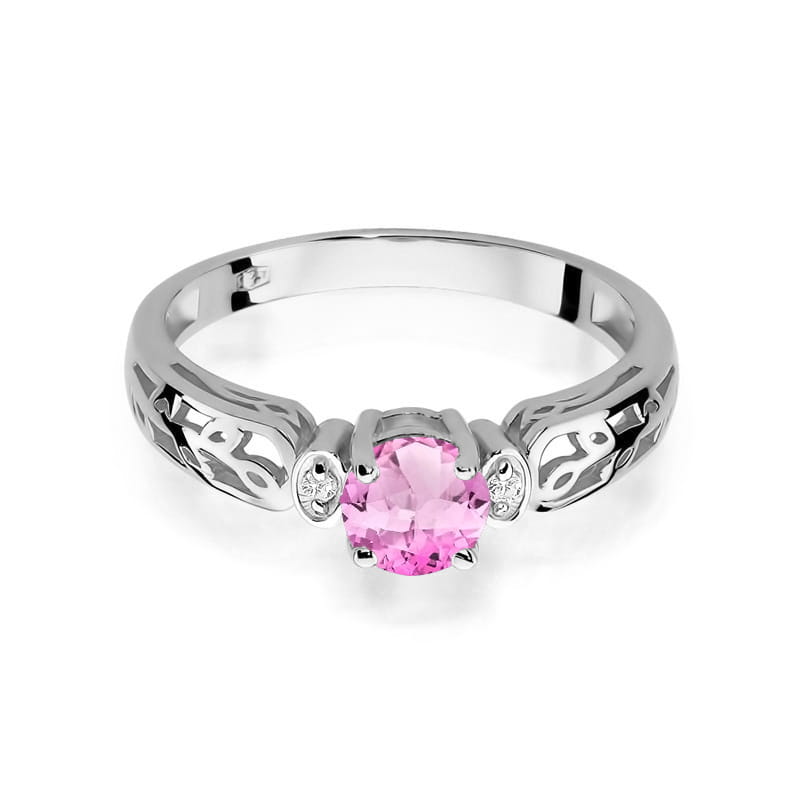 Pierścionek z topazem różowym 0.60 ct i diamentami w białym złocie 585