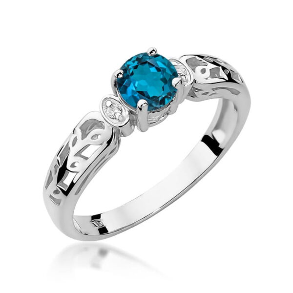 Pierścionek z topazem London Blue 0.50 ct i diamentami w białym złocie 585