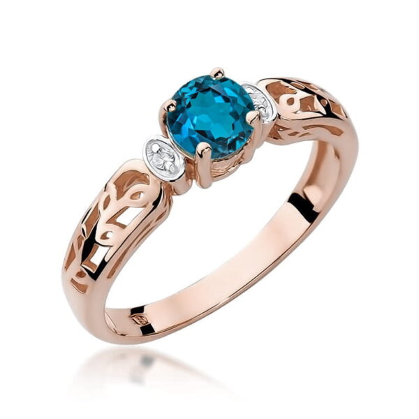Pierścionek z topazem London Blue 0.50 ct i diamentami w różowym złocie 585