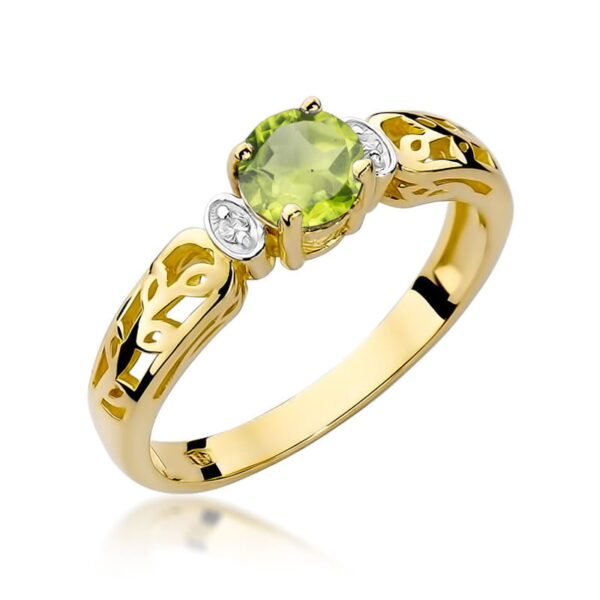 Pierścionek z oliwinem 0.60 ct i diamentami w żółtym złocie 585