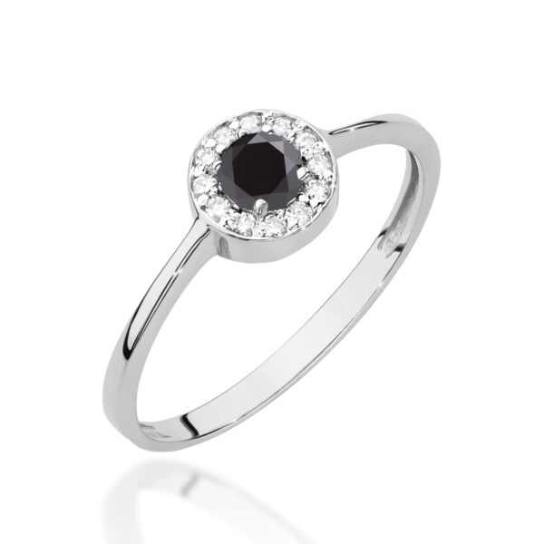 Pierścionek z czarnym diamentem 0.30 ct i diamentami – złoto białe 585