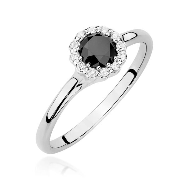 Pierścionek z czarnym diamentem 0.50 ct i diamentami – złoto białe 585