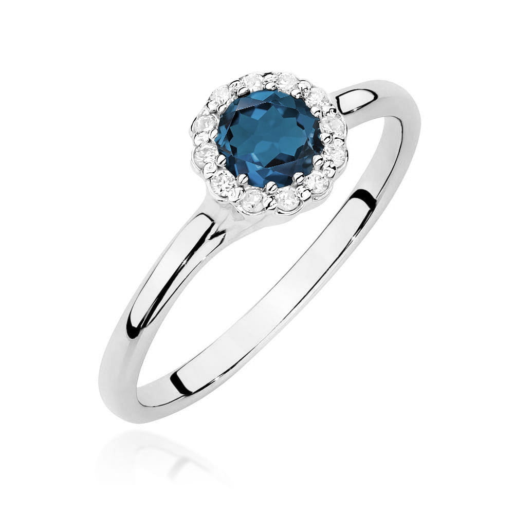 Pierścionek z topazem London Blue 0.50 ct i diamentami – złoto białe 585