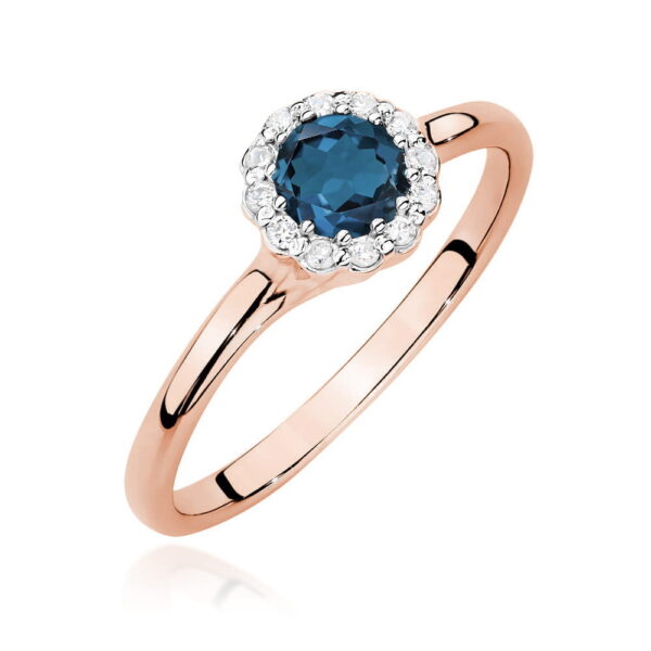 Pierścionek z topazem London Blue 0.50 ct i diamentami – złoto różowe 585