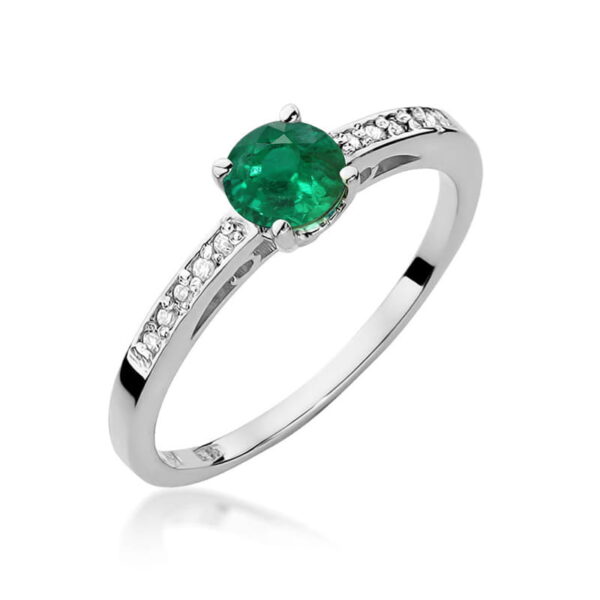 Pierścionek ze szmaragdem 0.50ct i diamentami w białym złocie próby 585