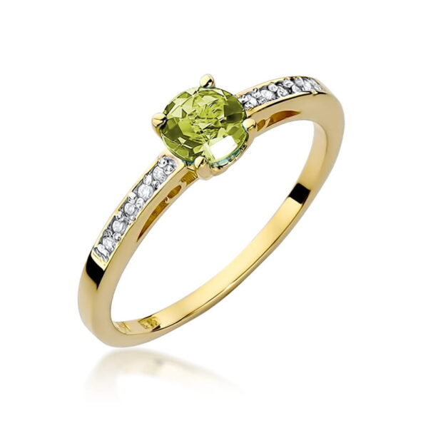 Pierścionek z oliwinem 0.60ct i diamentami w żółtym złocie próby 585