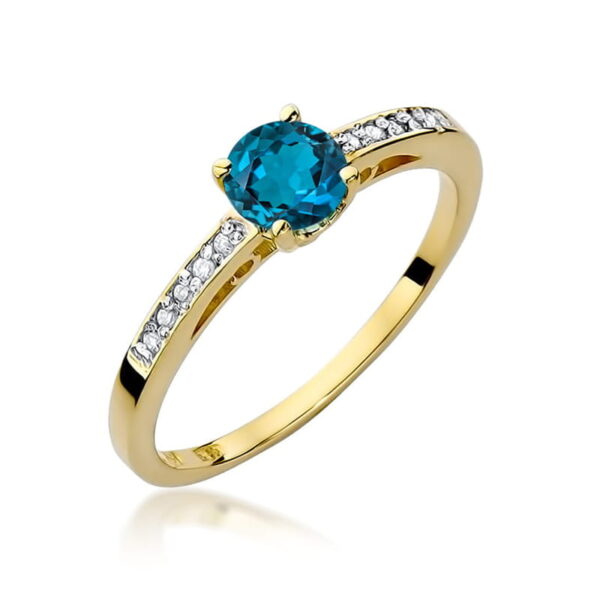 Pierścionek z topazem London Blue 0.50ct i diamentami w żółtym złocie próby 585