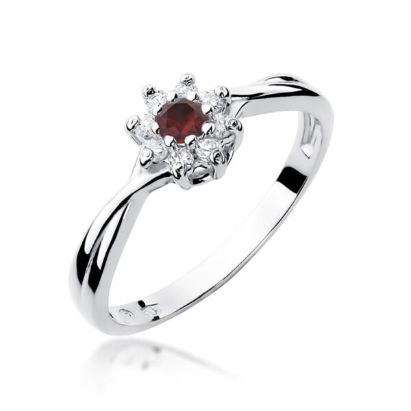 Pierścionek z białego złota 585 z rubinem i diamentami – kwiatowa forma, ognisty blask