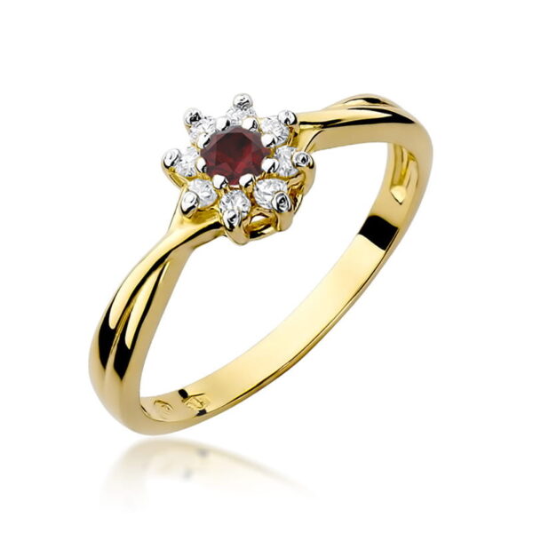 Pierścionek z żółtego złota 585 z rubinem i diamentami – kwiatowa forma, ognisty blask
