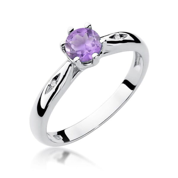 Pierścionek z białego złota 585 z ametystem 0.50ct i diamentami
