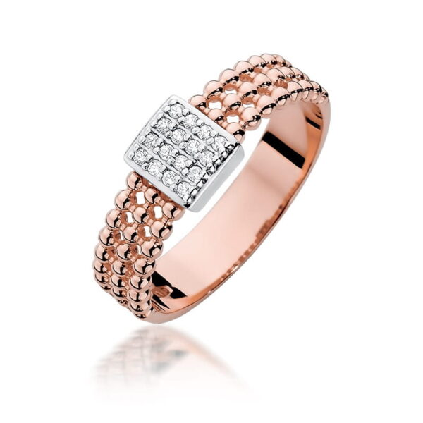 Pierścionek z różowego złota z kwadratową koroną i diamentami 0,08ct