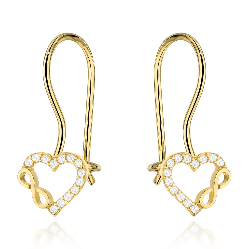 Kolczyki złote serce z cyrkoniami i znakiem nieskończoności na biglu (Gramatura: 0.92)