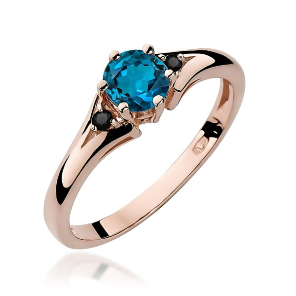 Pierścionek z topazem London Blue 0,50ct i czarnymi diamentami – złoto różowe 585