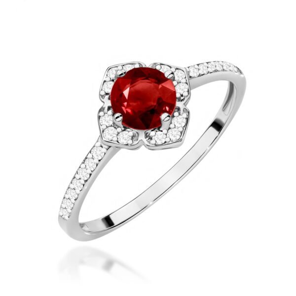Pierścionek z granatem 0,60ct i diamentami – złoto białe 585