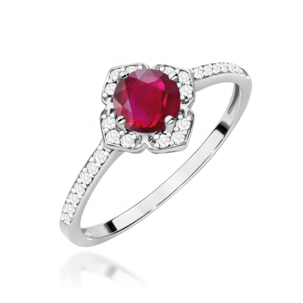 Pierścionek zaręczynowy z rubinem 0.60 ct i diamentami – złoto białe 585