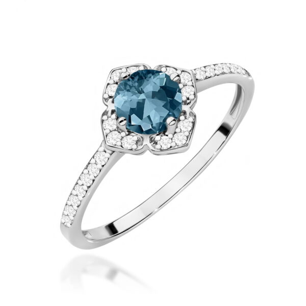 Pierścionek z topazem London Blue 0,50ct i diamentami – złoto białe 585