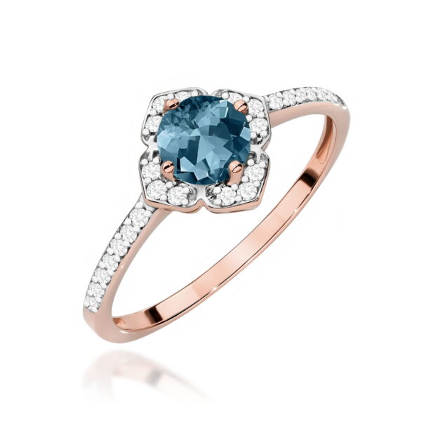 Pierścionek z topazem London Blue 0,50ct i diamentami – złoto różowe 585