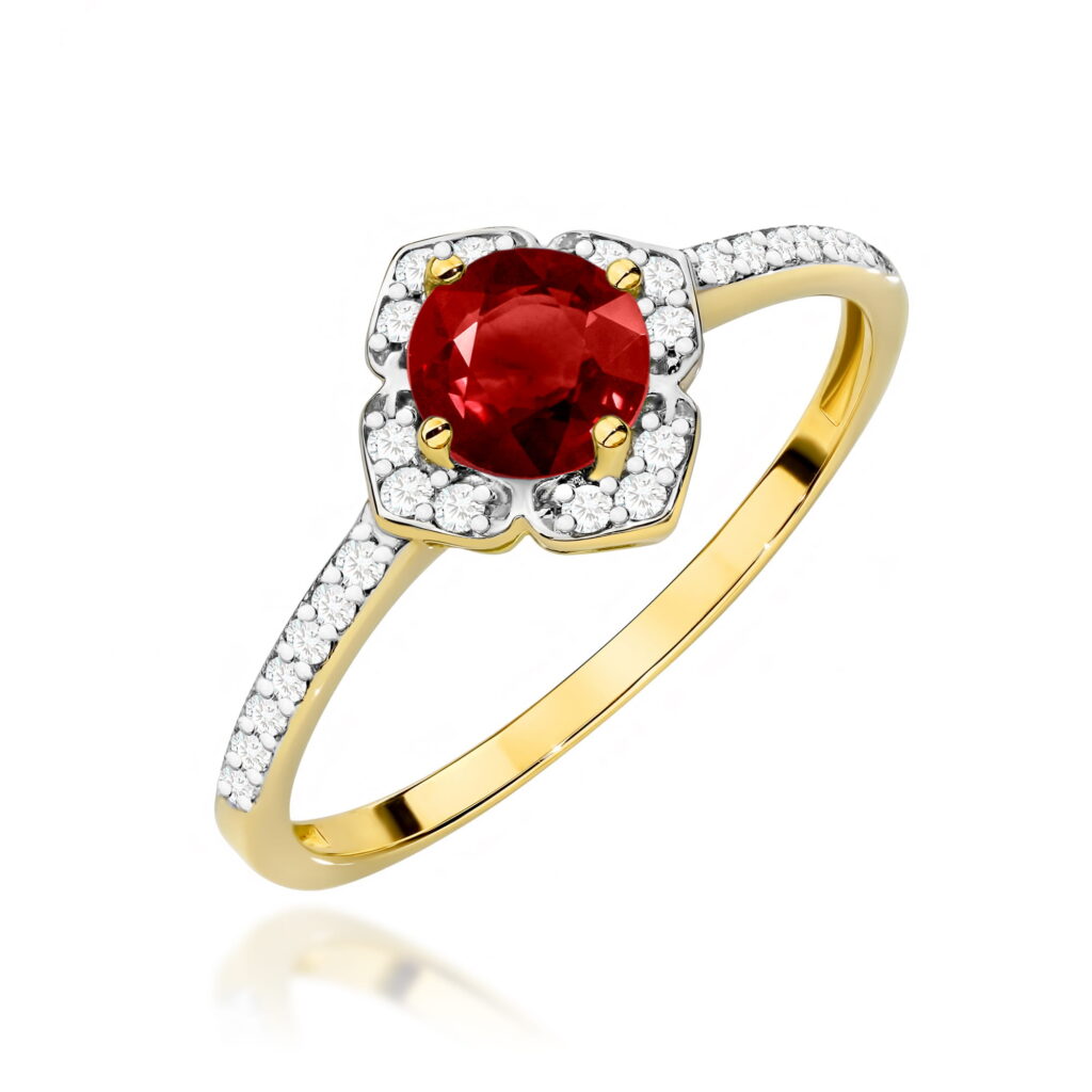 Pierścionek z granatem 0,60ct i diamentami – złoto żółte 585