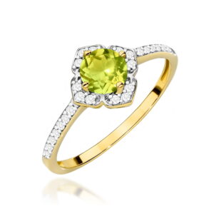 Pierścionek z oliwinem 0.60 ct i diamentami – złoto żółte 585