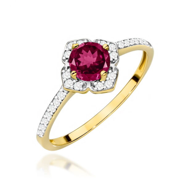 Pierścionek z rodolitem 0.60 ct i diamentami – złoto żółte 585