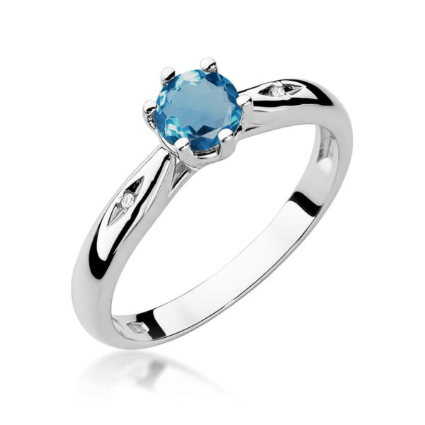 Pierścionek z białego złota 585 z topazem London Blue 0.50 ct i diamentami