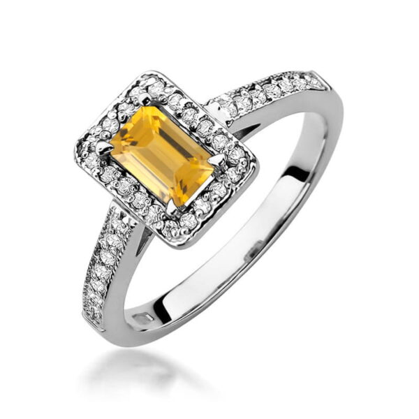 Pierścionek z białego złota 585 z cytrynem 0,60 ct i 34 diamentami