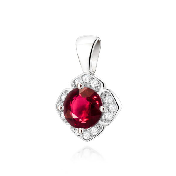 Zawieszka z rubinem 0,60ct i diamentami – złoto białe 585