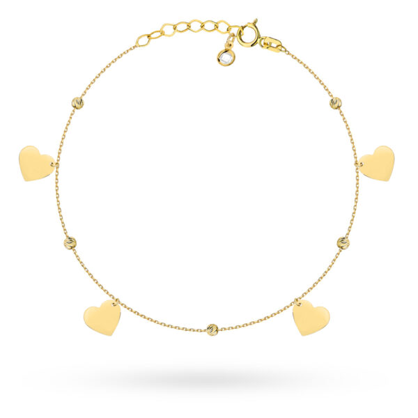 Bransoletka złota wiszące serduszka i diamentowane kulki na nogę