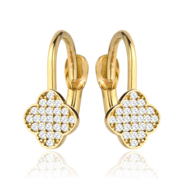 Kolczyki złote koniczynki wysadzane cyrkoniami na angielskim zapięciu