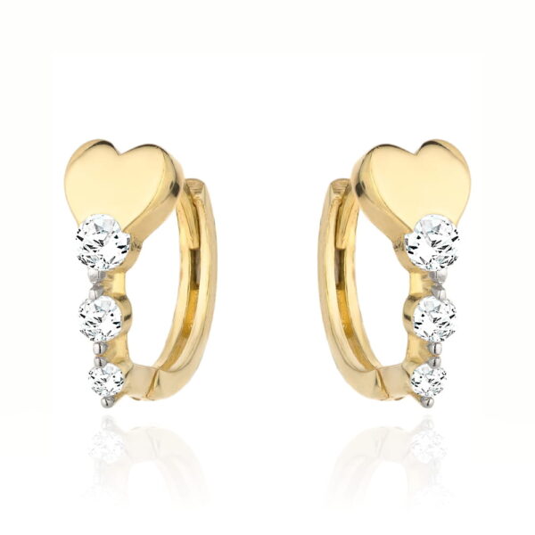 Kolczyki złote serce i rząd trzech cyrkonii