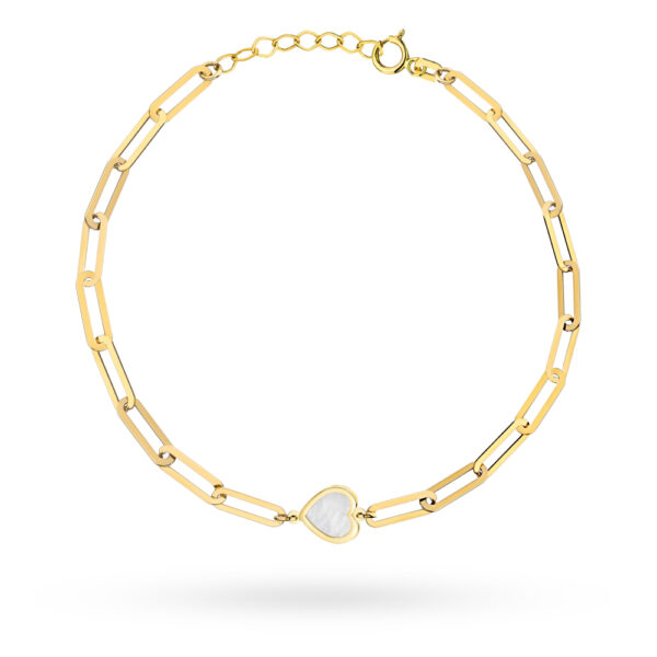 Bransoletka złota długie ogniwa i serce z masą perłową