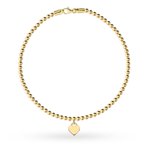 Bransoletka złota złożona z gładkich kuleczek i wiszącym sercem
