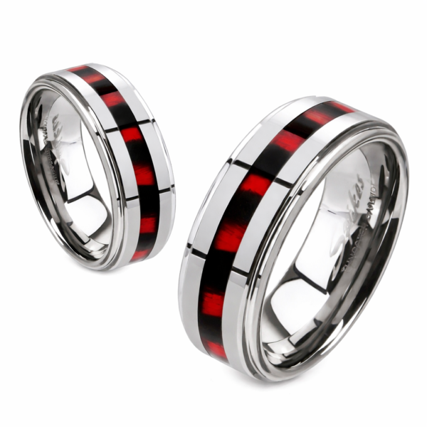 Obrączki wolframowe z czerwono-czarnym paskiem