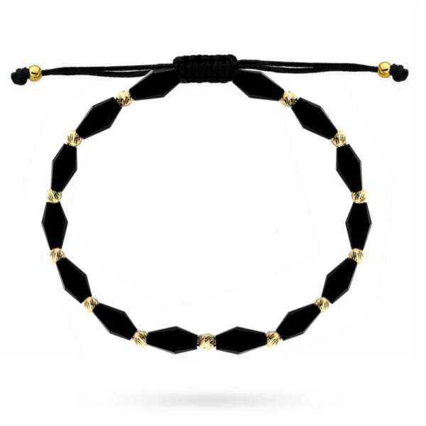 Bransoletka złota z czarnymi kamieniami i diamentowanymi kulkami na sznurku