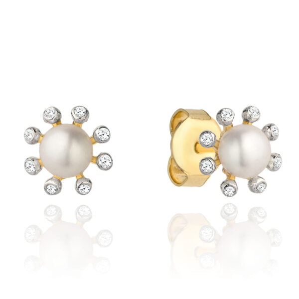 Kolczyki złote kwiatuszek z perły i cyrkonii