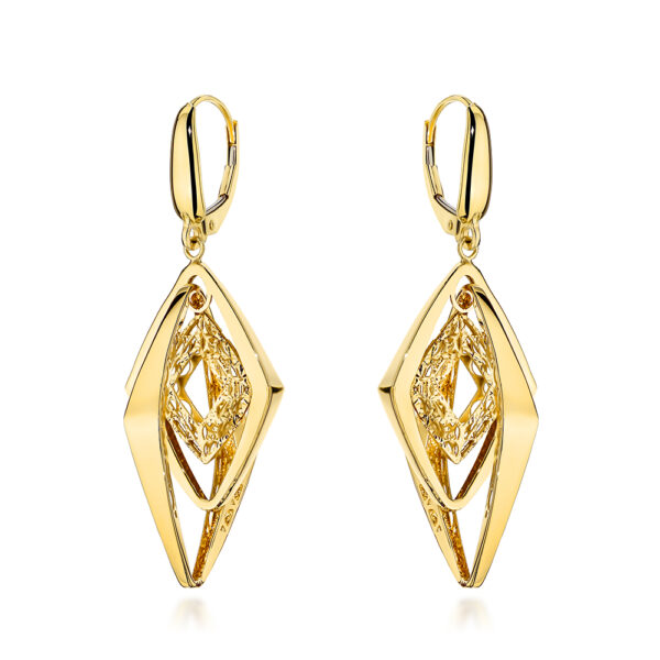 Kolczyki złote potrójne gładkie romby zdobione ażurem