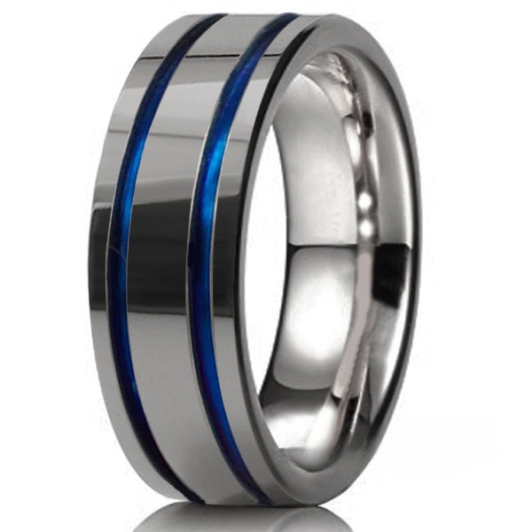 Obrączka tytanowa połysk z niebieskimi paskami 7mm