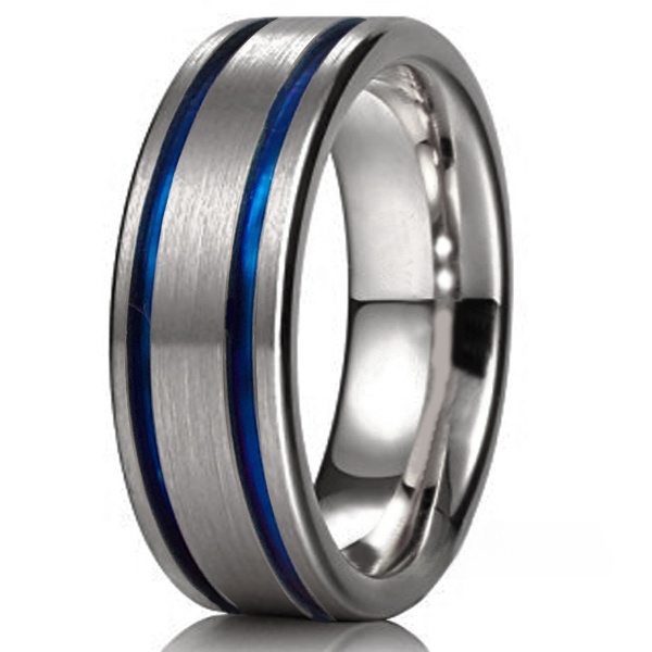 Obrączka tytanowa satyna z niebieskimi paskami 7mm