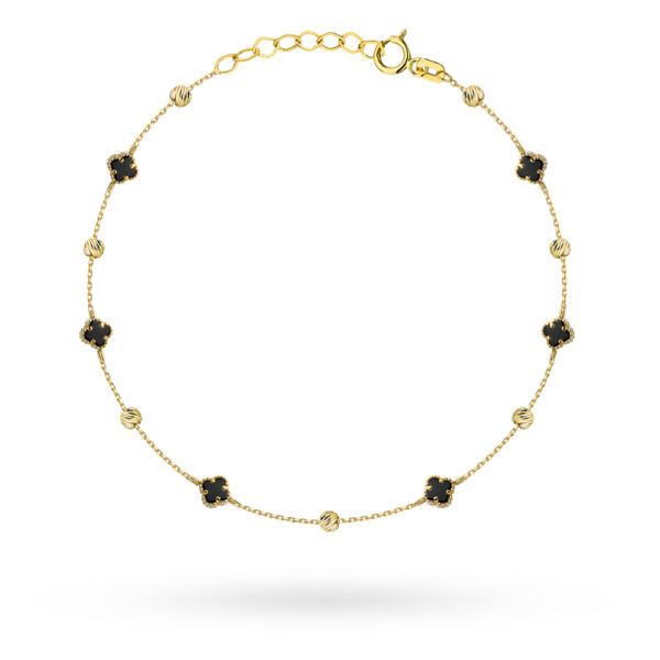 Bransoletka złota z czarnymi koniczynkami i diamentowanymi kulkami