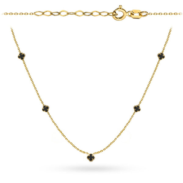 Naszyjnik złoty z małymi czarnymi koniczynkami