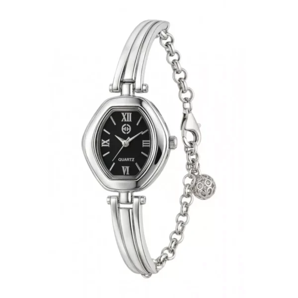 Zegarek srebrny damski z czarną tarczą - elegancka ozdoba