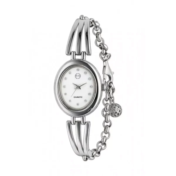 Zegarek srebrny z owalną kopertą i białą tarczą