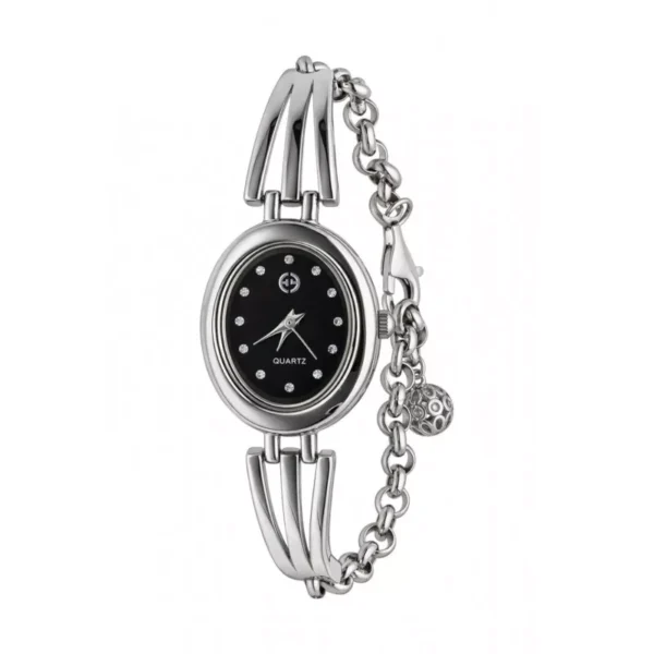 Zegarek srebrny z owalną kopertą i czarną tarczą