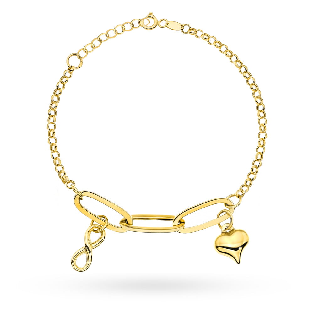 Bransoletka złota z długimi ogniwami i wiszącym sercem i znakiem nieskończoności